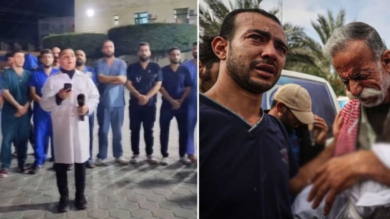 Gazze'deki doktorlar hastane önünde toplanarak "Burada Kalacağız" isimli ezgiyi okudu