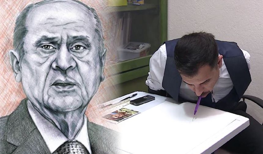 İki kolu olmayan genç ağzıyla MHP Lideri Devlet Bahçeli'nin resmini çizdi