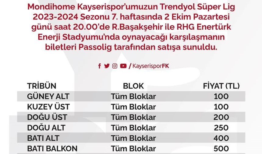 Kayserispor-Başakşehir maçının bilet fiyatları belli oldu