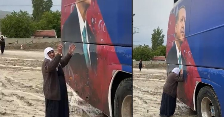 90 yaşındaki Selime Koç, seçim otobüsünde Cumhurbaşkanı Erdoğan'ın fotoğrafını gördü.
