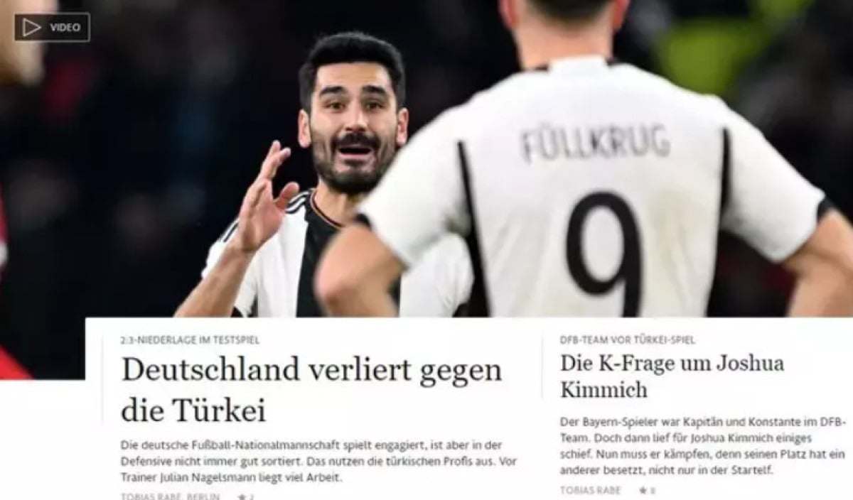 Frankfurter Allgemeine

Alman basınından bir diğer gazete olan Frankfurter Allgemeine ise karşılaşma hakkında şu ifadeleri kullandı.
Alman Milli Futbol Takımı kararlılıkla oynuyor ancak savunmada her zaman iyi organize olamıyor. Türk futbolcular bundan yararlandı. Julian Nagelsmann'ın önünde yapılacak çok iş var.
