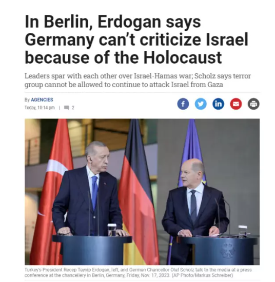 İSRAİL'DE DE MANŞET
İsrail'de yayın yapan Times of Israel gazetesi Cumhurbaşkanı Erdoğan'ın, Almanya'nın Holokost yüzünden İsrail'i eleştiremediği sözlerini manşetine taşıdı.

